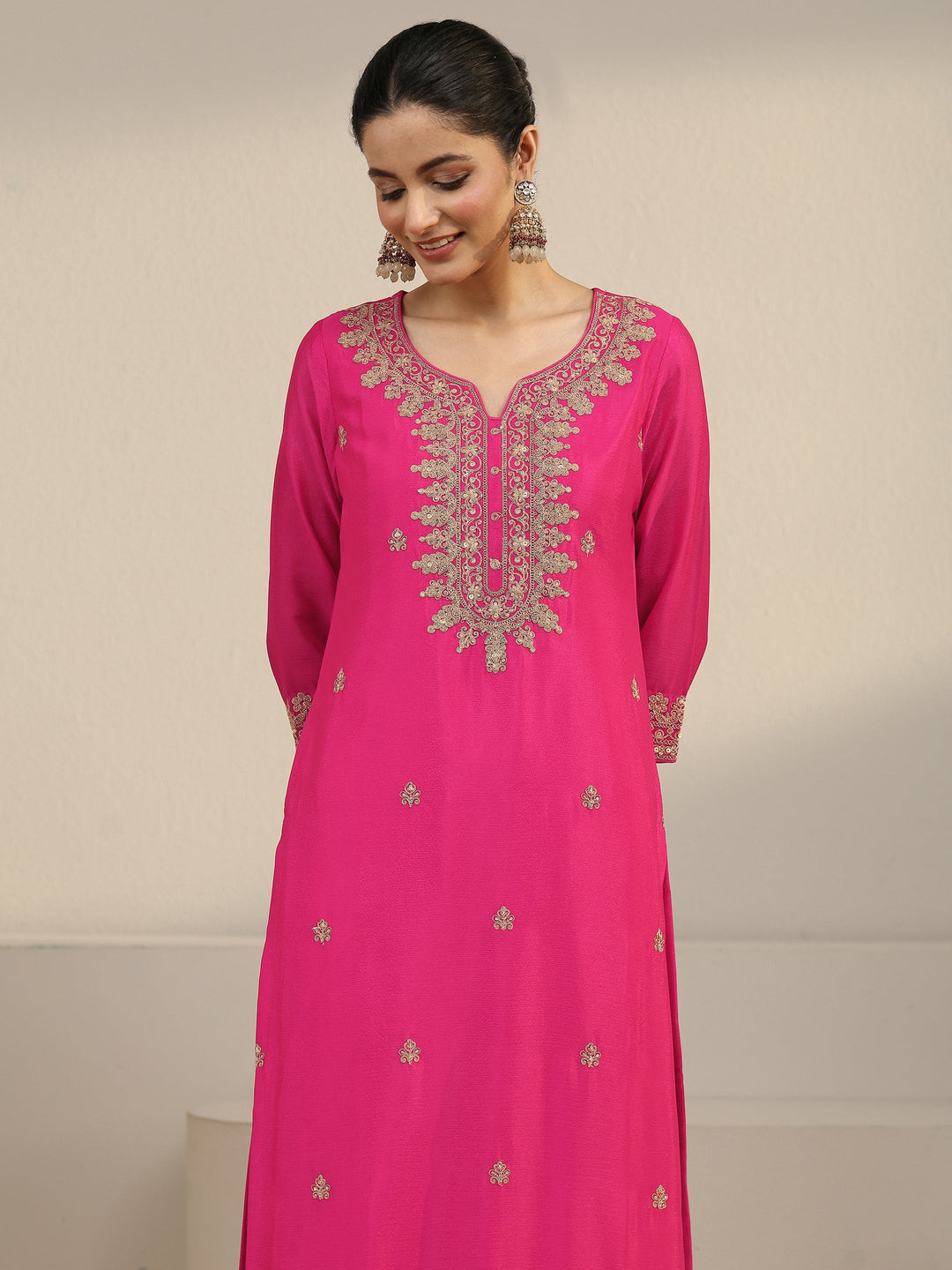  Libas Fuchsia Pink Yoke Embroidered Chinon Straight Suit Set 