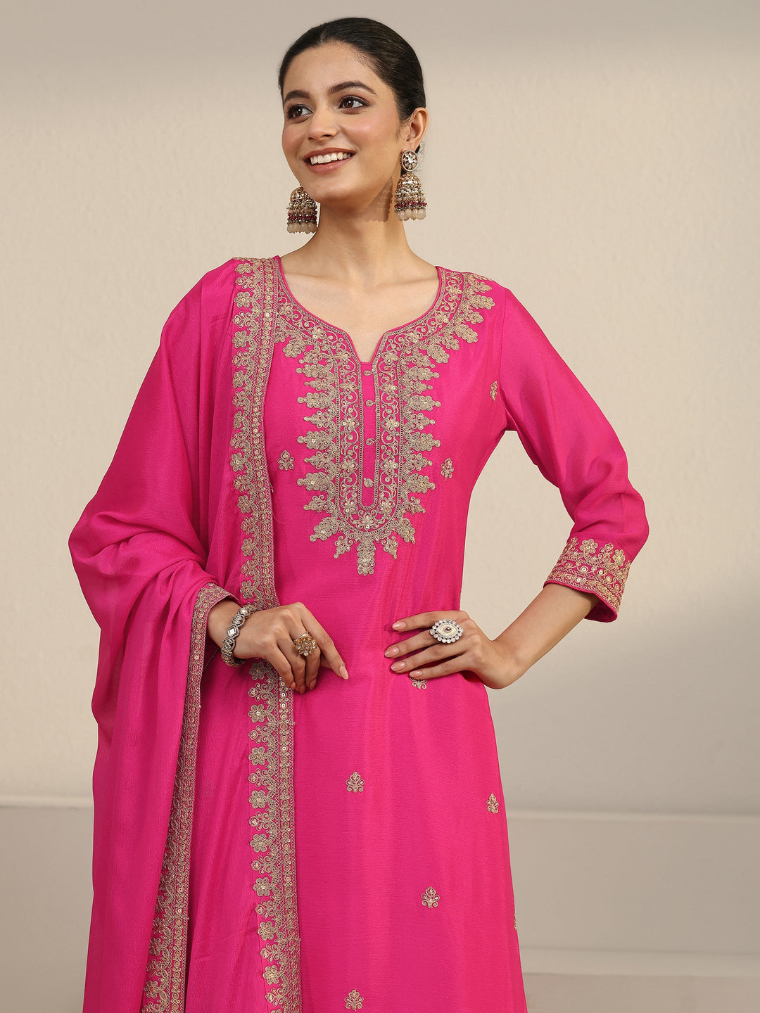  Libas Fuchsia Pink Yoke Embroidered Chinon Straight Suit Set 