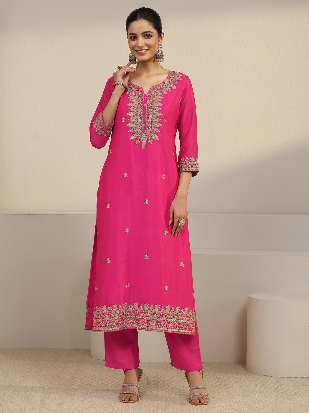  Libas Fuchsia Pink Yoke Embroidered Chinon Straight Suit Set 