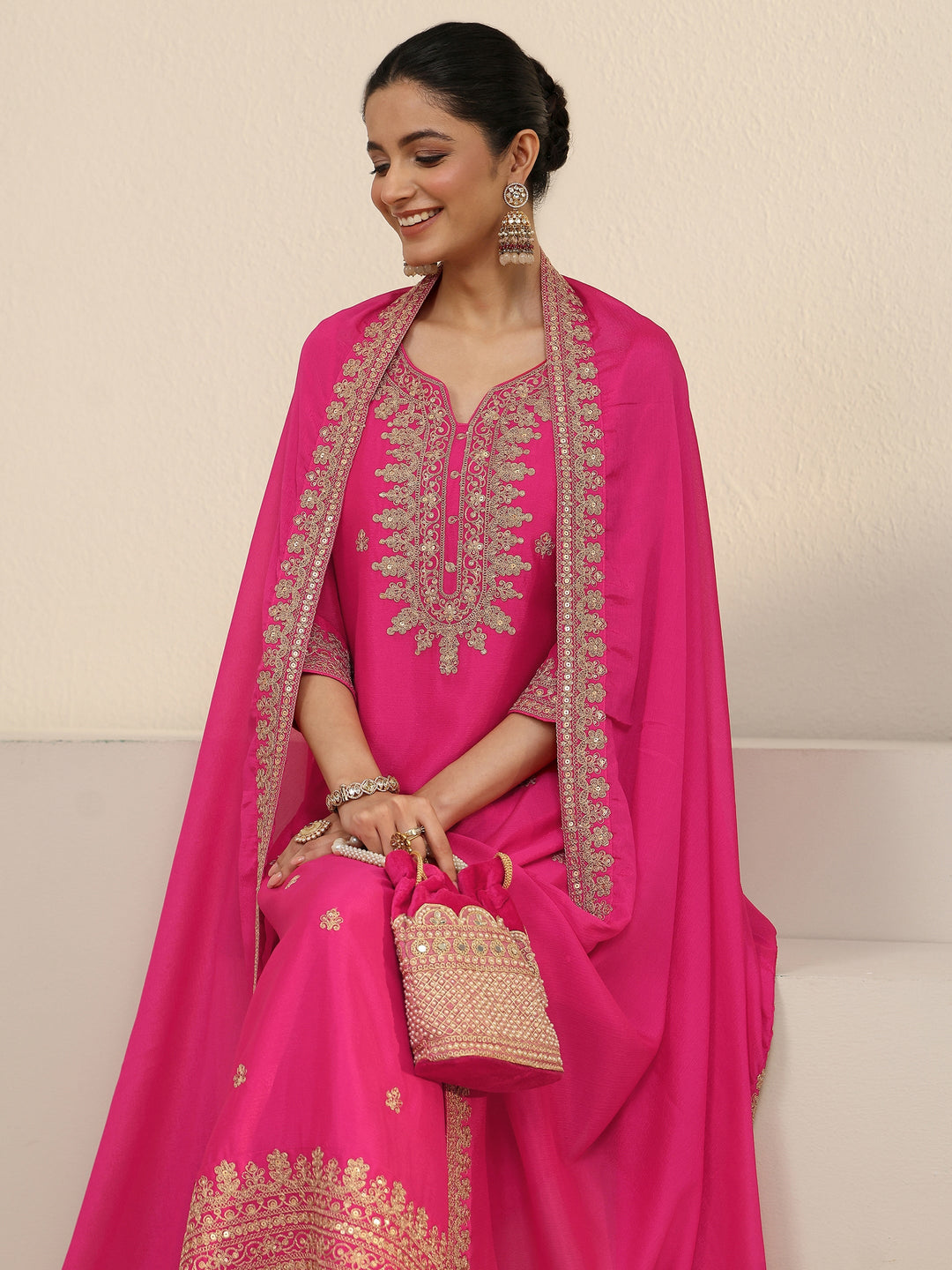  Libas Fuchsia Pink Yoke Embroidered Chinon Straight Suit Set 