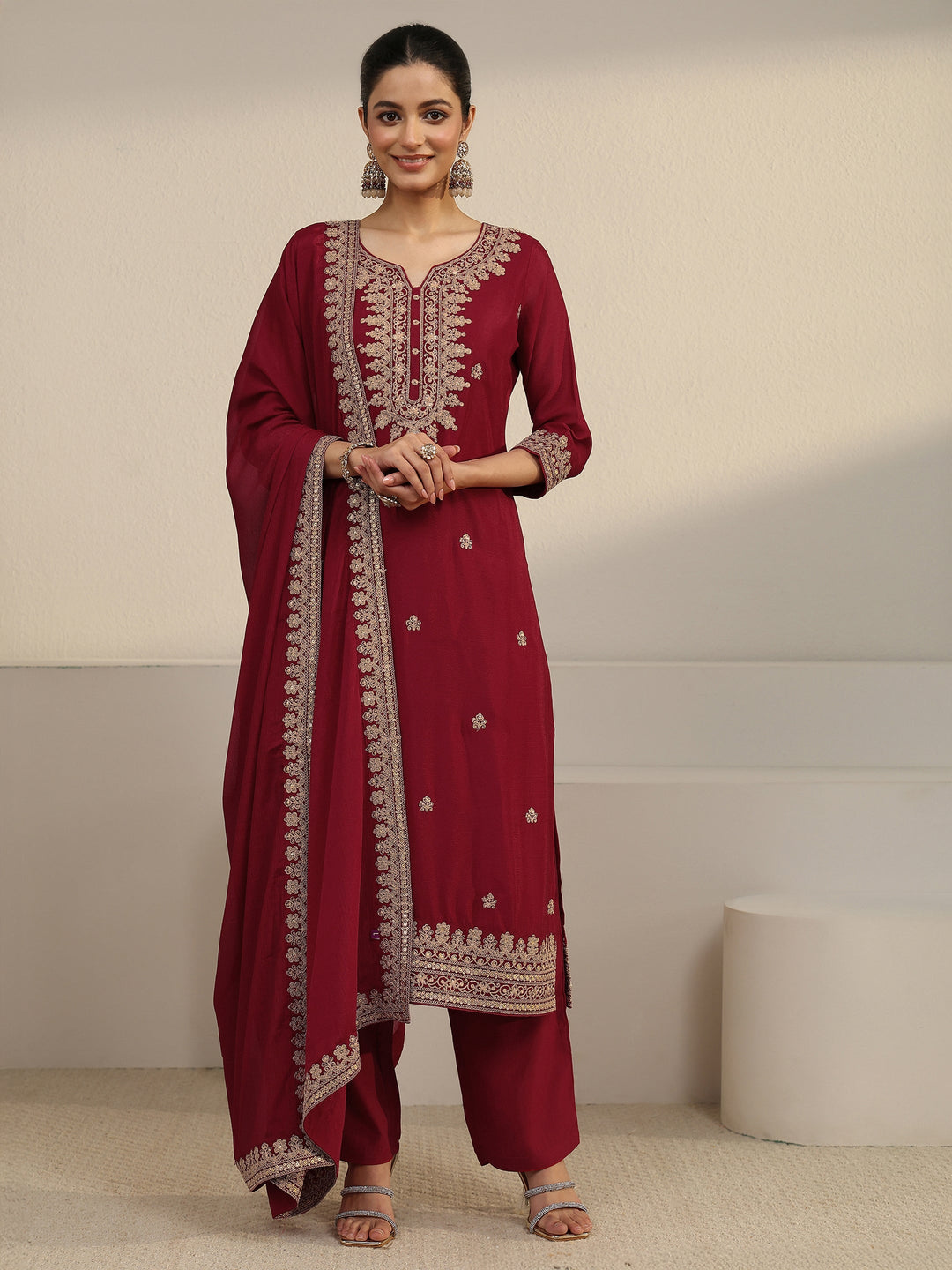  Libas Maroon Yoke Embroidered Chinon Straight Suit Set 
