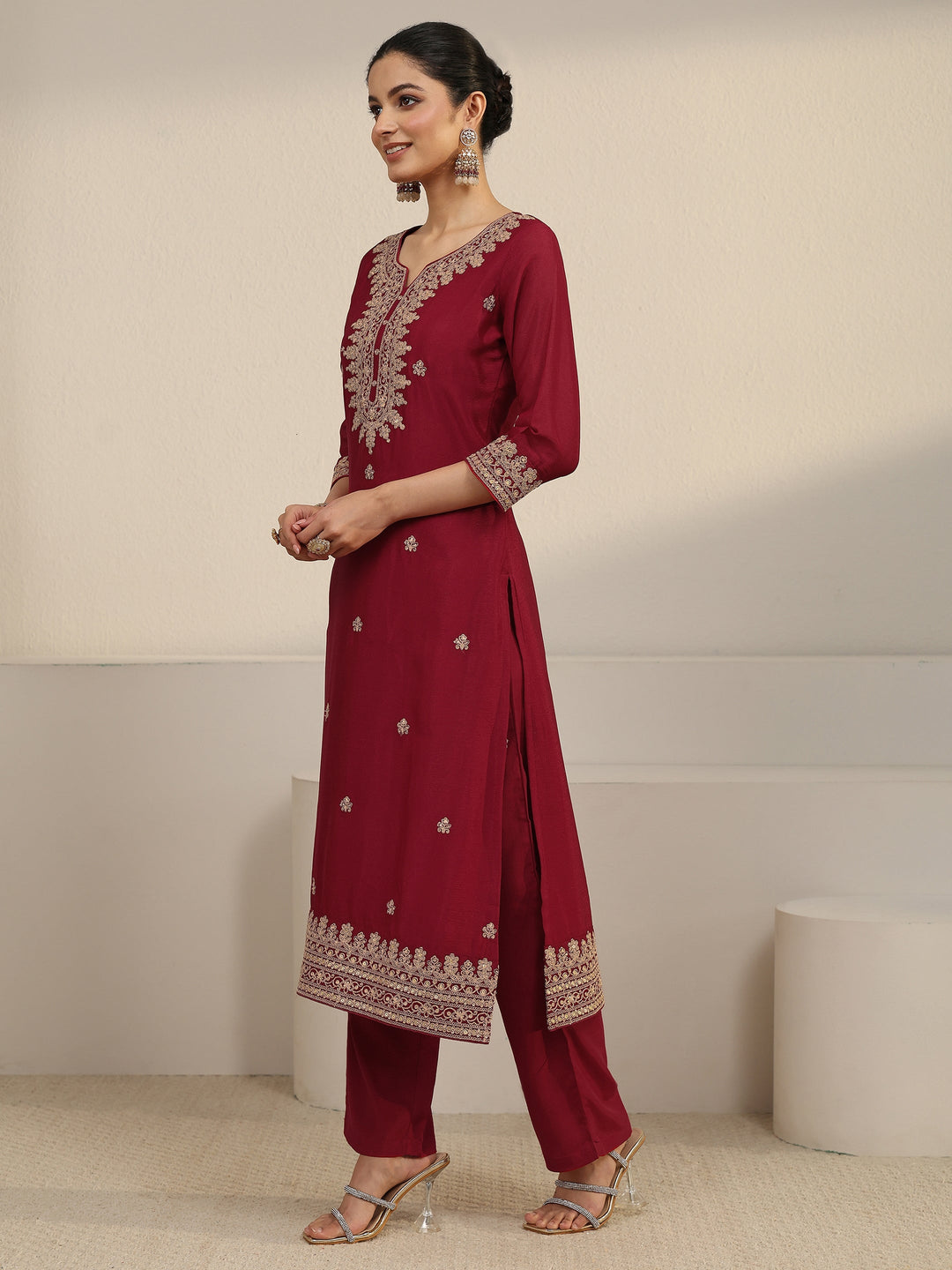  Libas Maroon Yoke Embroidered Chinon Straight Suit Set 