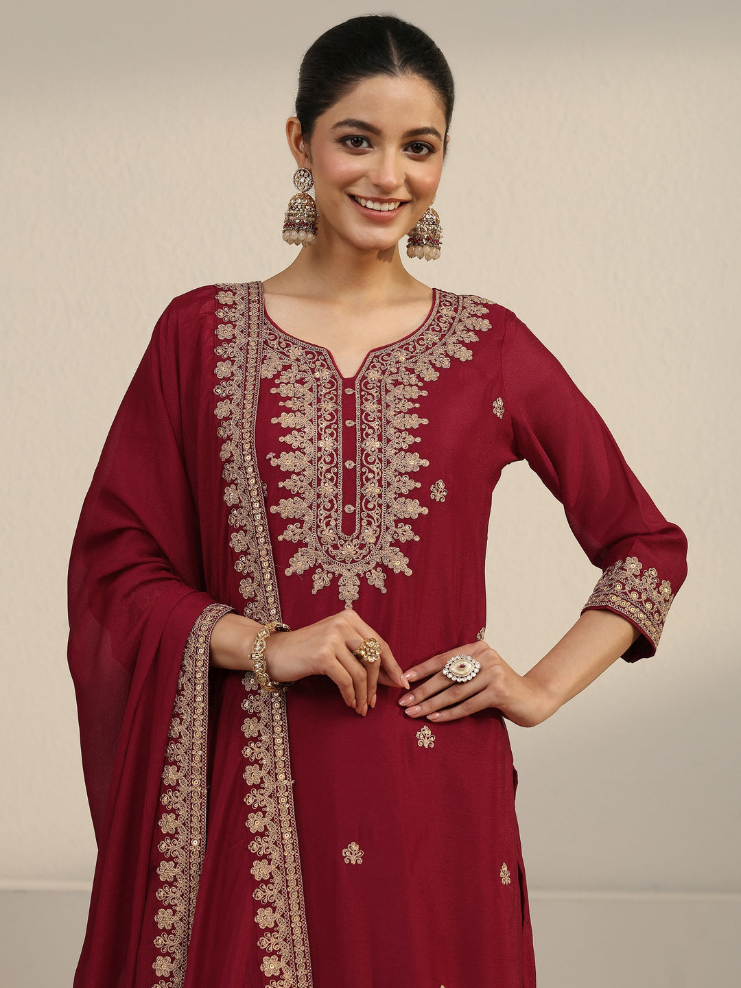  Libas Maroon Yoke Embroidered Chinon Straight Suit Set 