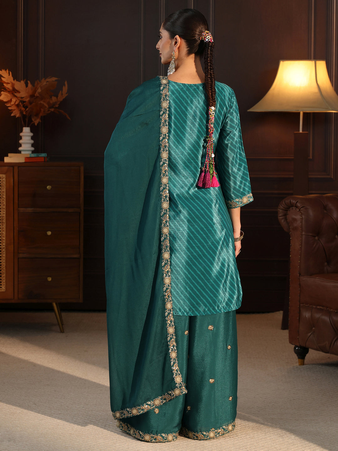  Libas Sacramento Green Paisley Embellished Chinon Palazzo Suit Set 