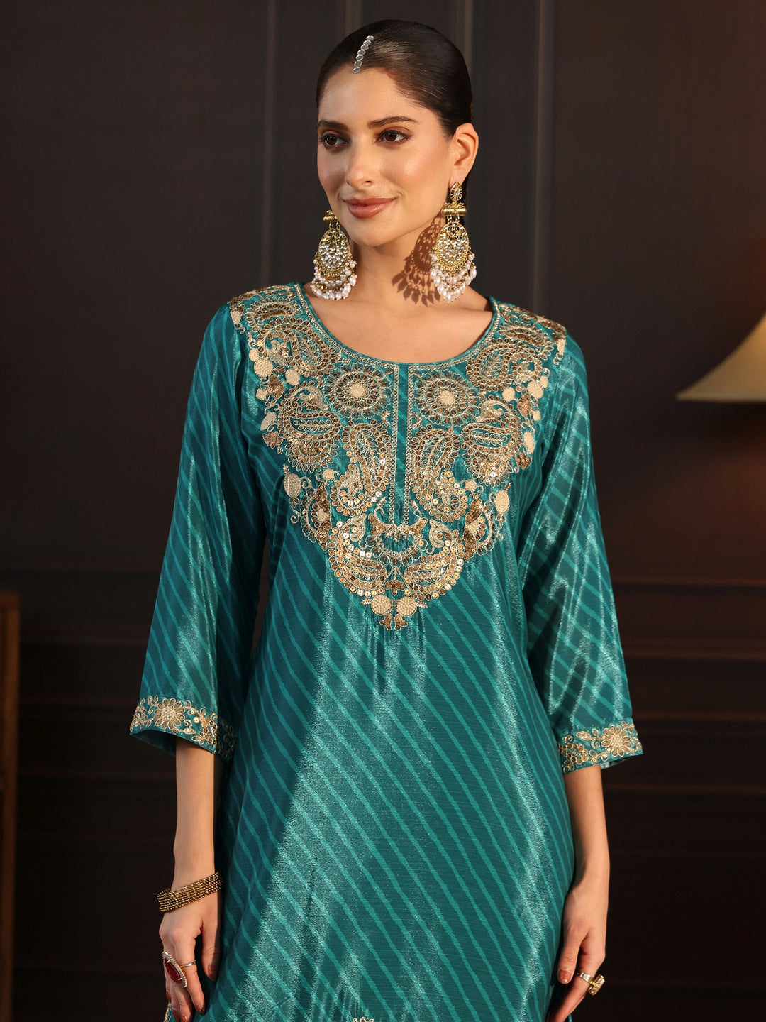  Libas Sacramento Green Paisley Embellished Chinon Palazzo Suit Set 