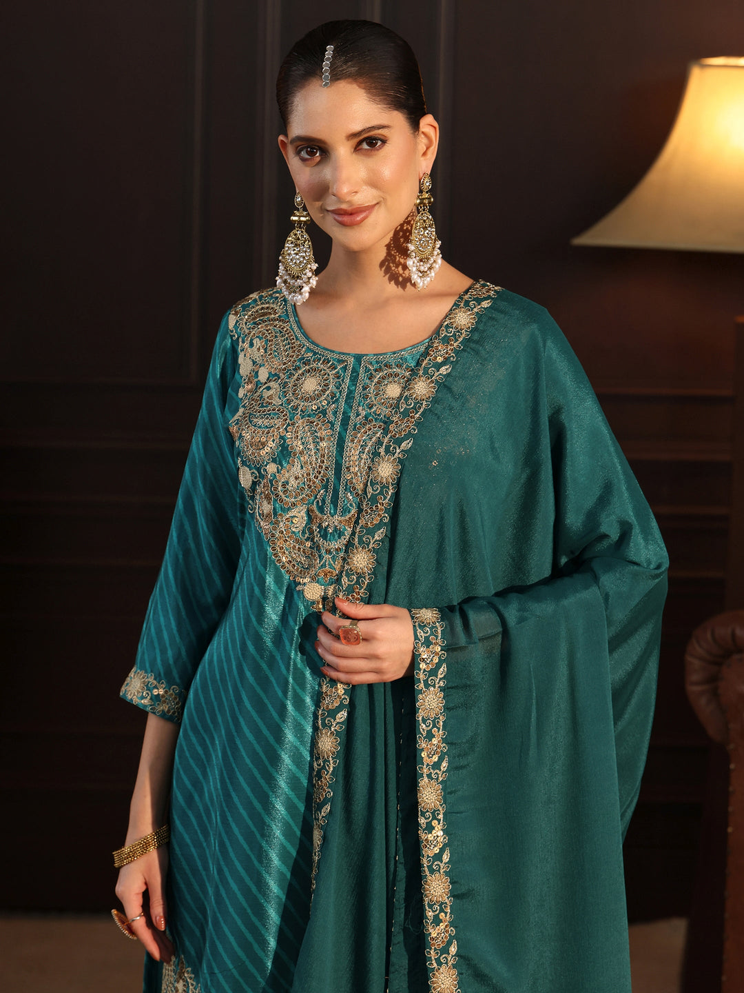  Libas Sacramento Green Paisley Embellished Chinon Palazzo Suit Set 