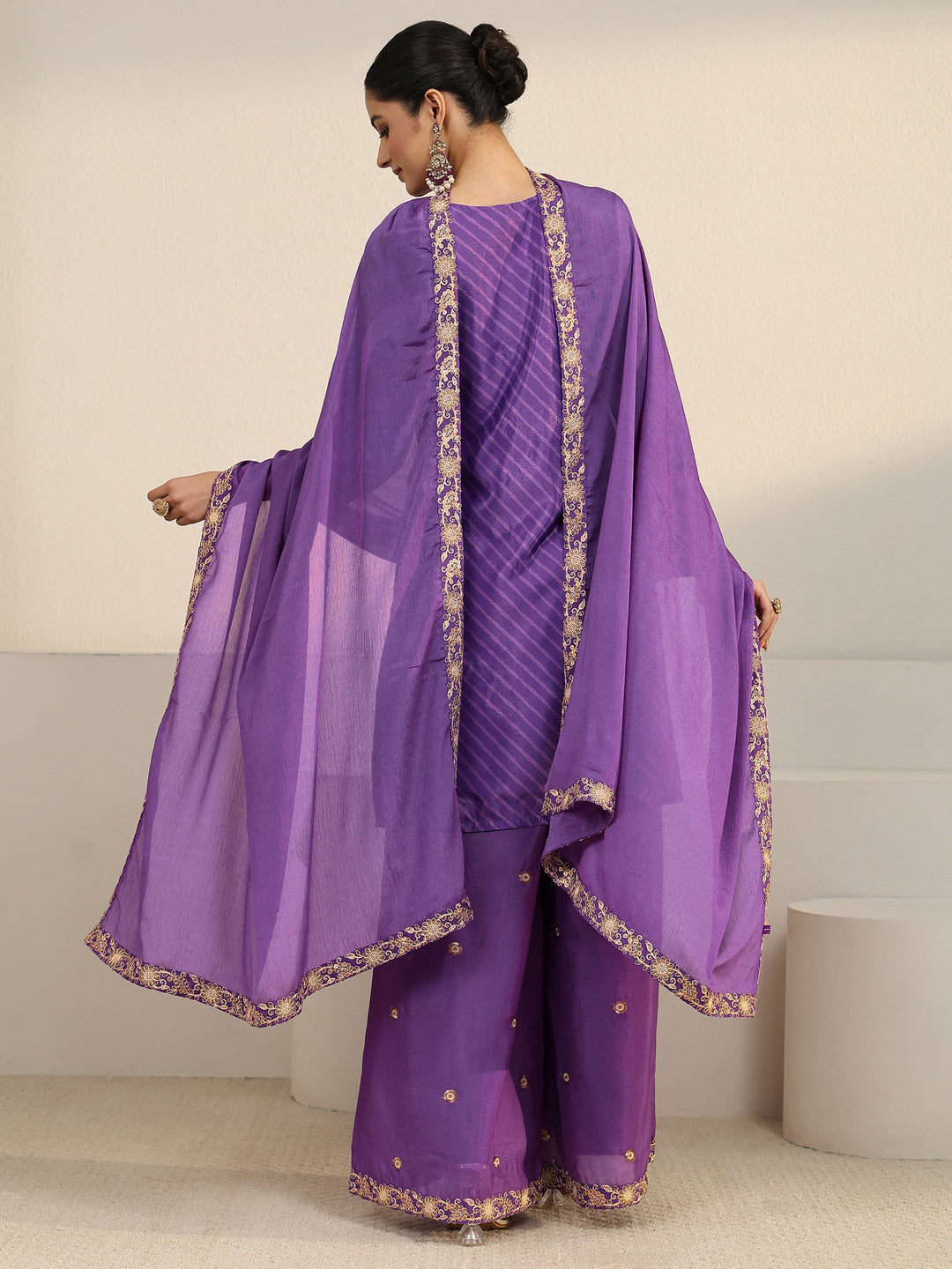  Libas Royal Purple Leheriya Yoke Embroidered Chinon Palazzo Suit Set 