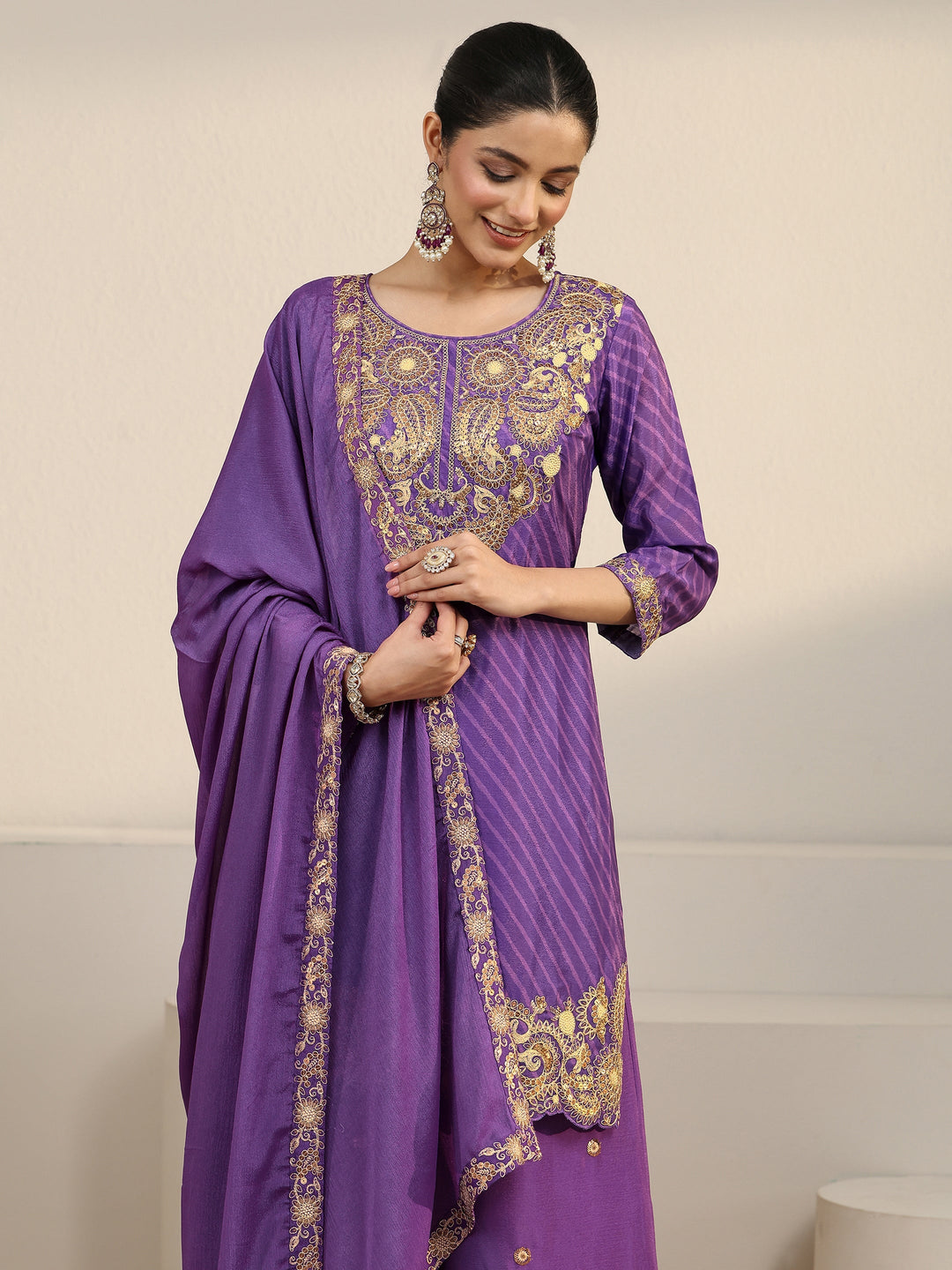  Libas Royal Purple Leheriya Yoke Embroidered Chinon Palazzo Suit Set 