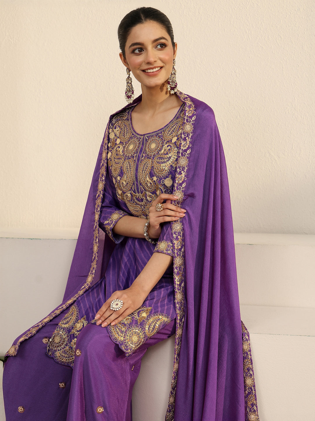  Libas Royal Purple Leheriya Yoke Embroidered Chinon Palazzo Suit Set 