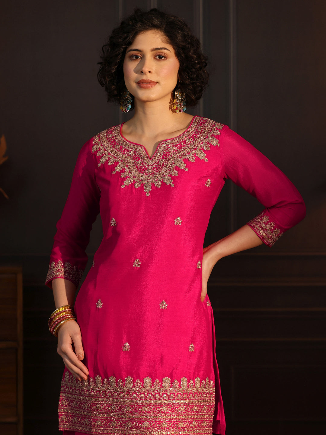  Libas Rani Pink Embellished Chinon Palazzo Suit Set 