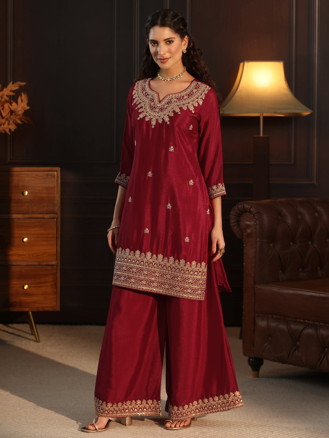 Libas Ruby Red Sequin Embellished Chinon Palazzo Suit Set 