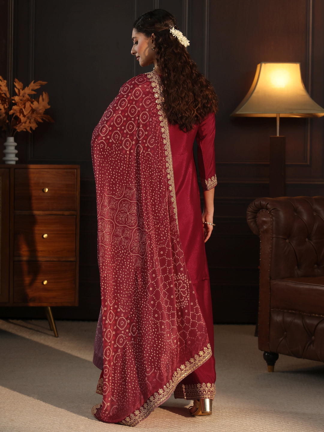  Libas Ruby Red Sequin Embellished Chinon Palazzo Suit Set 
