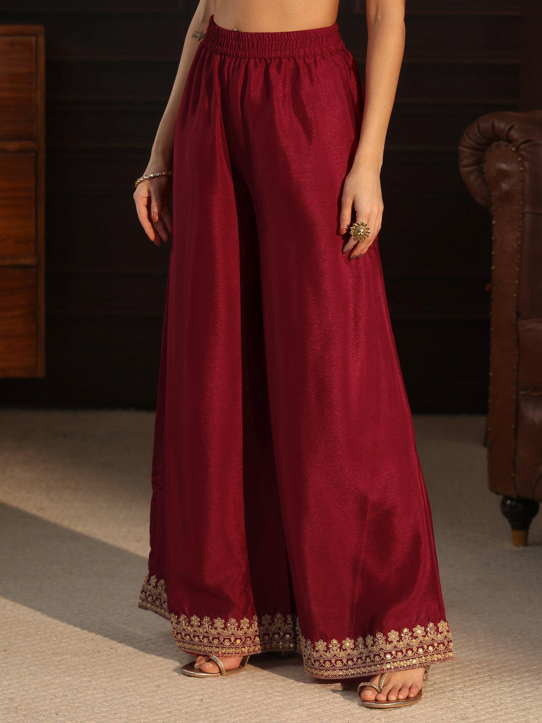  Libas Ruby Red Sequin Embellished Chinon Palazzo Suit Set 