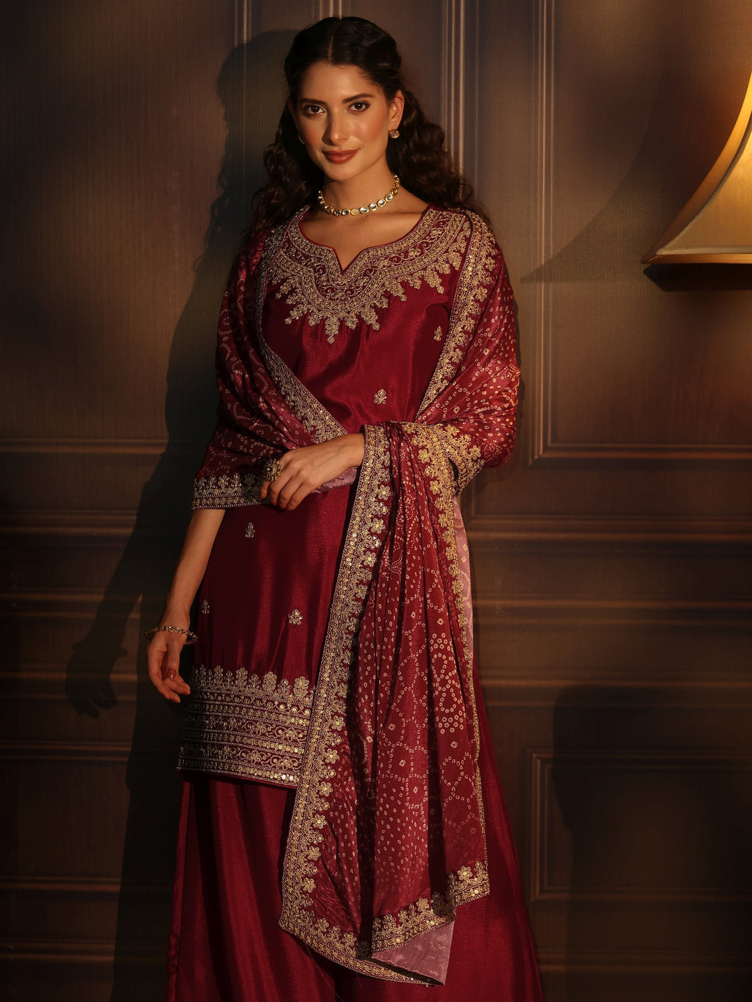  Libas Ruby Red Sequin Embellished Chinon Palazzo Suit Set 