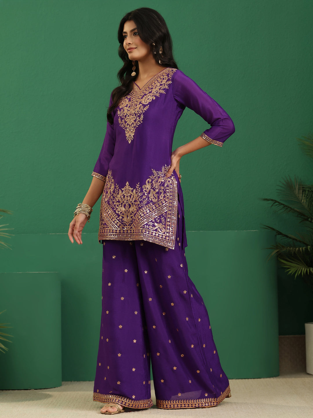  Libas Violet Yoke Design Chinon Palazzo Suit Set 