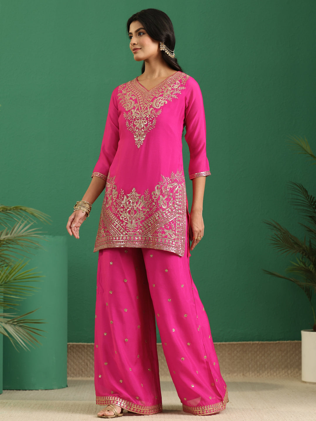  Libas Hot Pink Yoke Design Chinon Palazzo Suit Set 