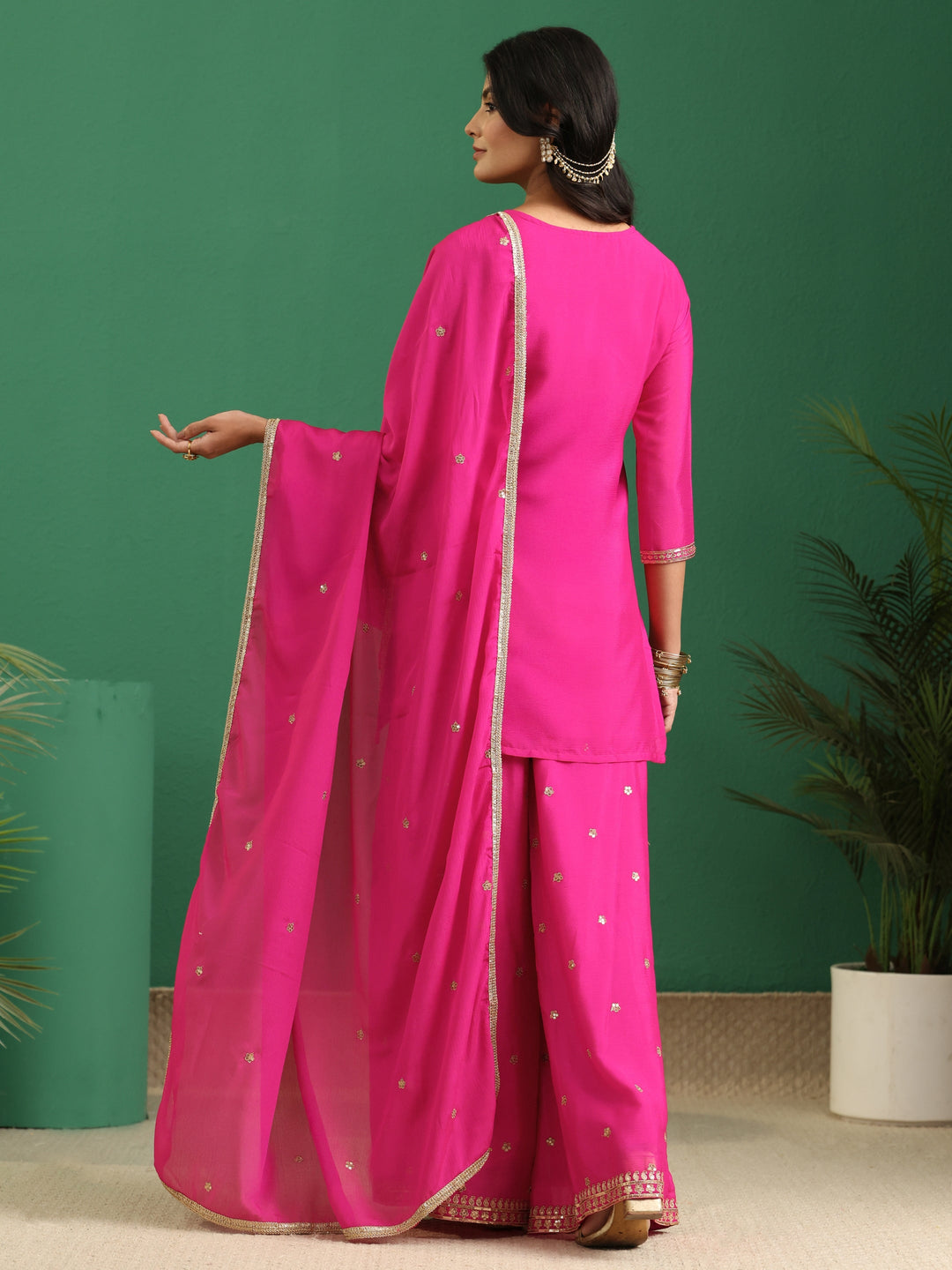  Libas Hot Pink Yoke Design Chinon Palazzo Suit Set 