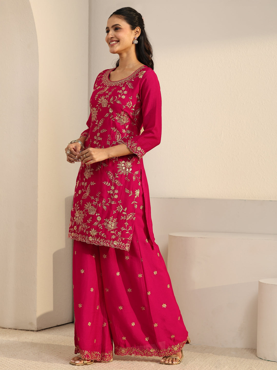  Libas Rani Pink Floral Embroidered Chinon Palazzo Suit Set 