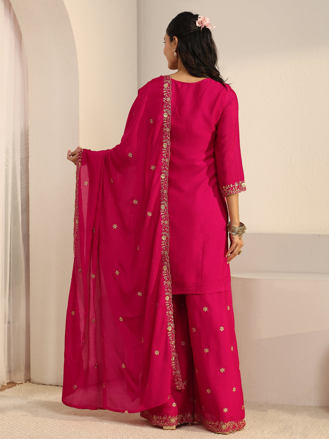  Libas Rani Pink Floral Embroidered Chinon Palazzo Suit Set 
