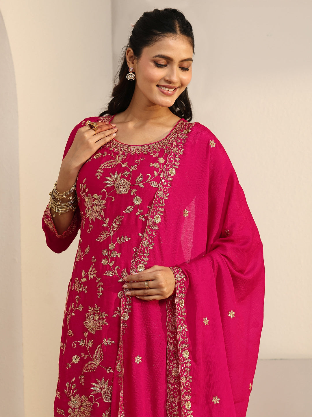  Libas Rani Pink Floral Embroidered Chinon Palazzo Suit Set 