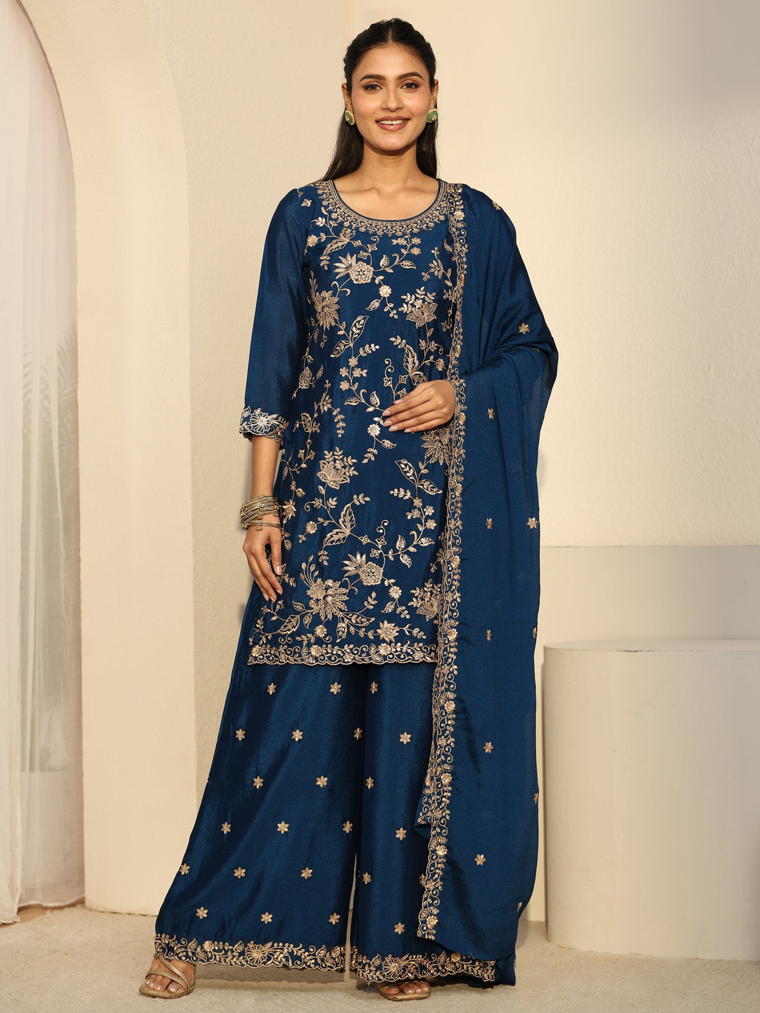  Libas Navy Blue Floral Embroidered Chinon Palazzo Suit Set 