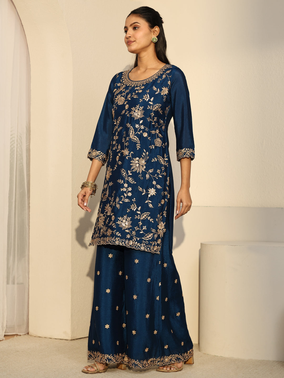  Libas Navy Blue Floral Embroidered Chinon Palazzo Suit Set 