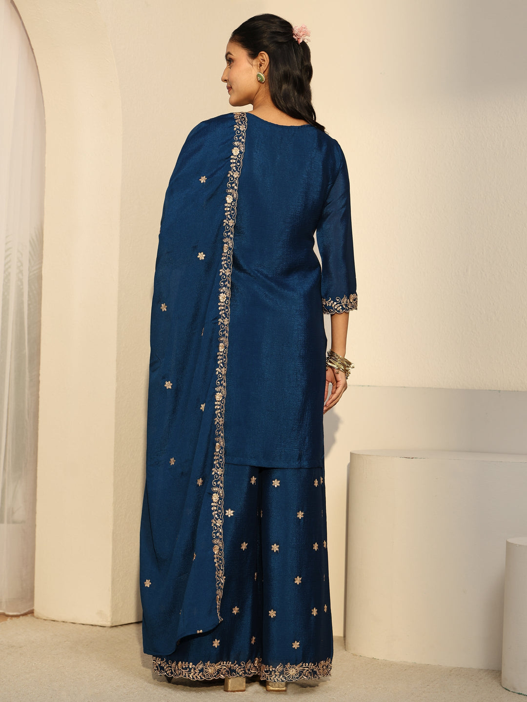  Libas Navy Blue Floral Embroidered Chinon Palazzo Suit Set 