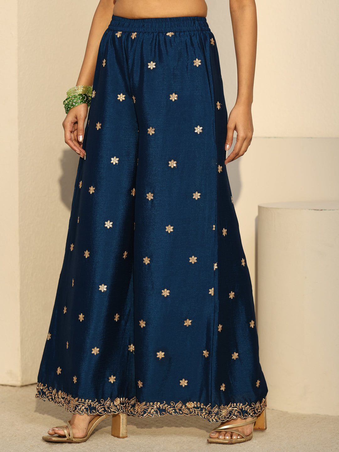  Libas Navy Blue Floral Embroidered Chinon Palazzo Suit Set 