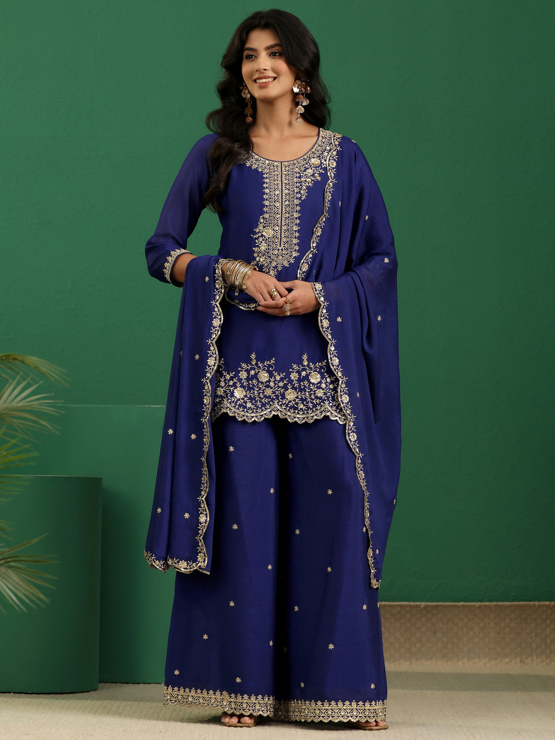  Libas Royal Blue Floral Embellished Chinon Palazzo Suit Set 