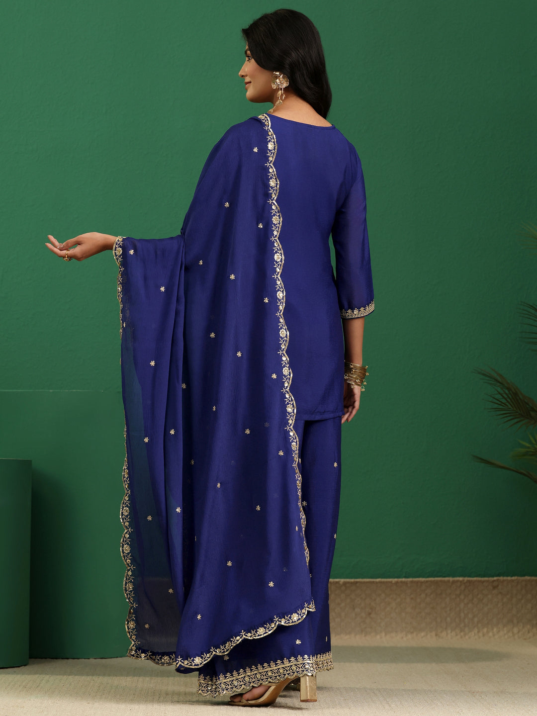  Libas Royal Blue Floral Embellished Chinon Palazzo Suit Set 