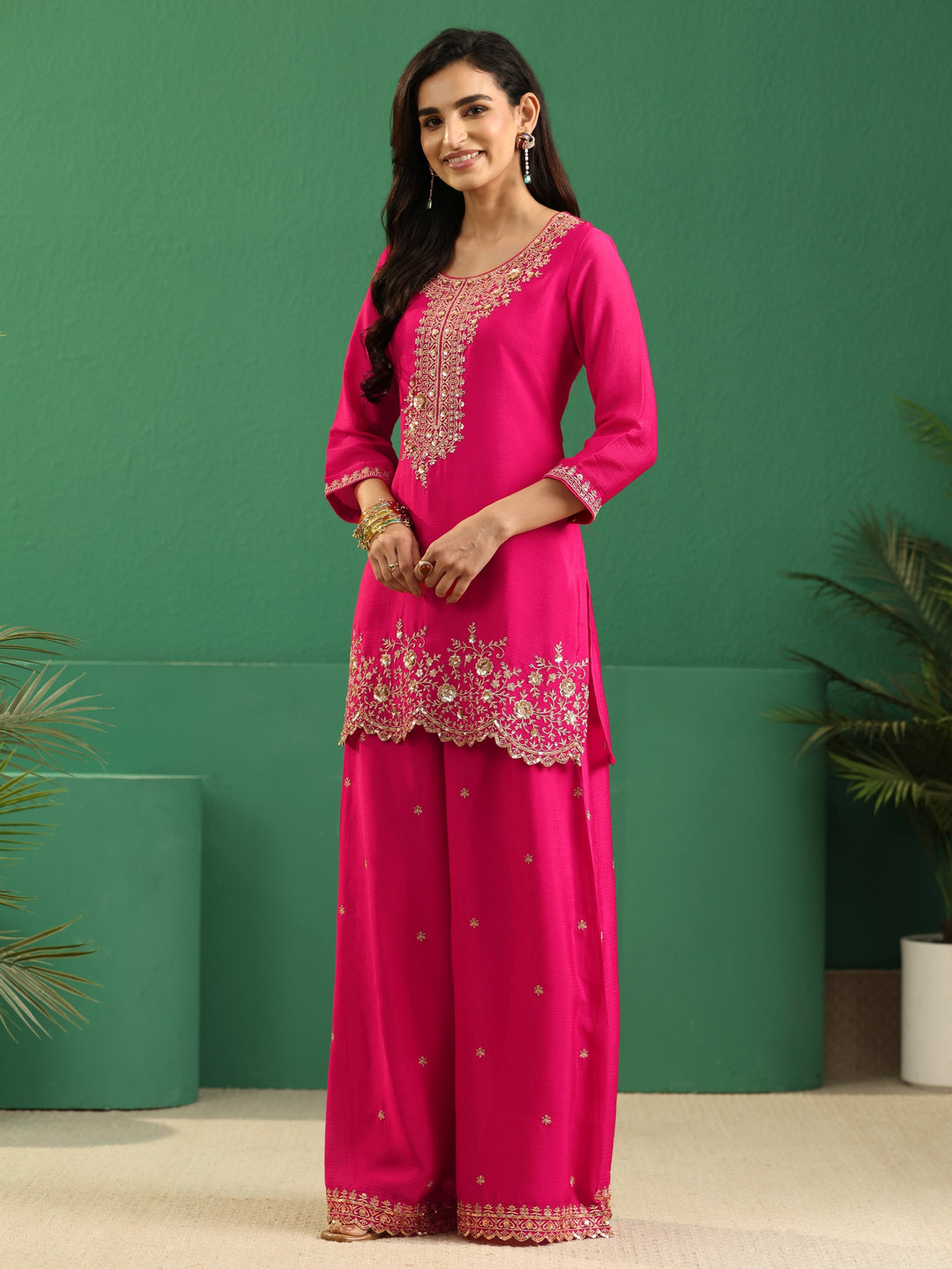  Libas Fuchsia Pink Floral Embellished Chinon Palazzo Suit Set 