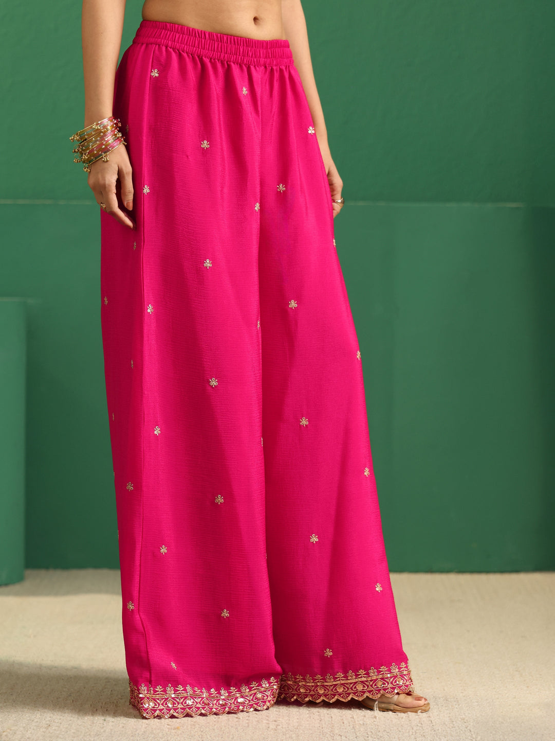  Libas Fuchsia Pink Floral Embellished Chinon Palazzo Suit Set 