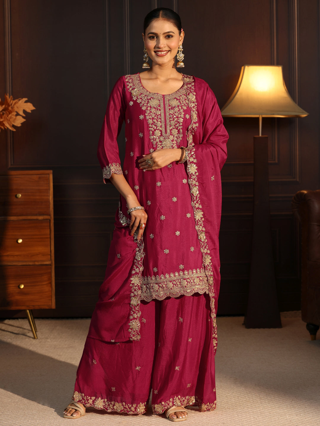  Libas Rani Pink Floral Embroidered Chinon Palazzo Suit Set 