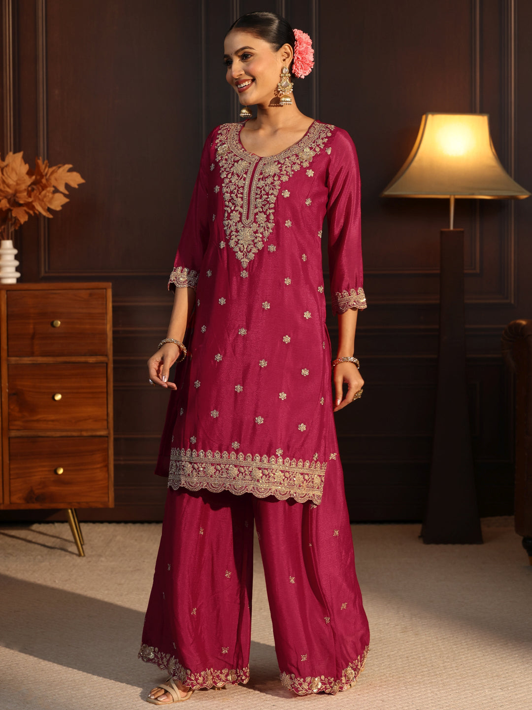  Libas Rani Pink Floral Embroidered Chinon Palazzo Suit Set 