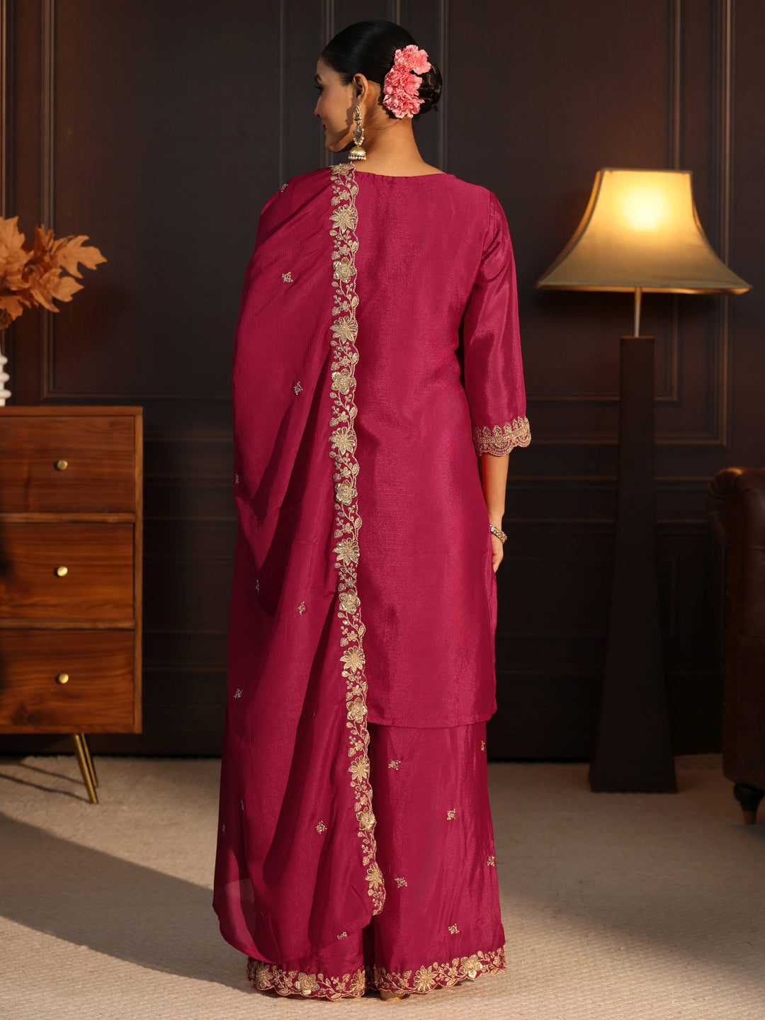  Libas Rani Pink Floral Embroidered Chinon Palazzo Suit Set 