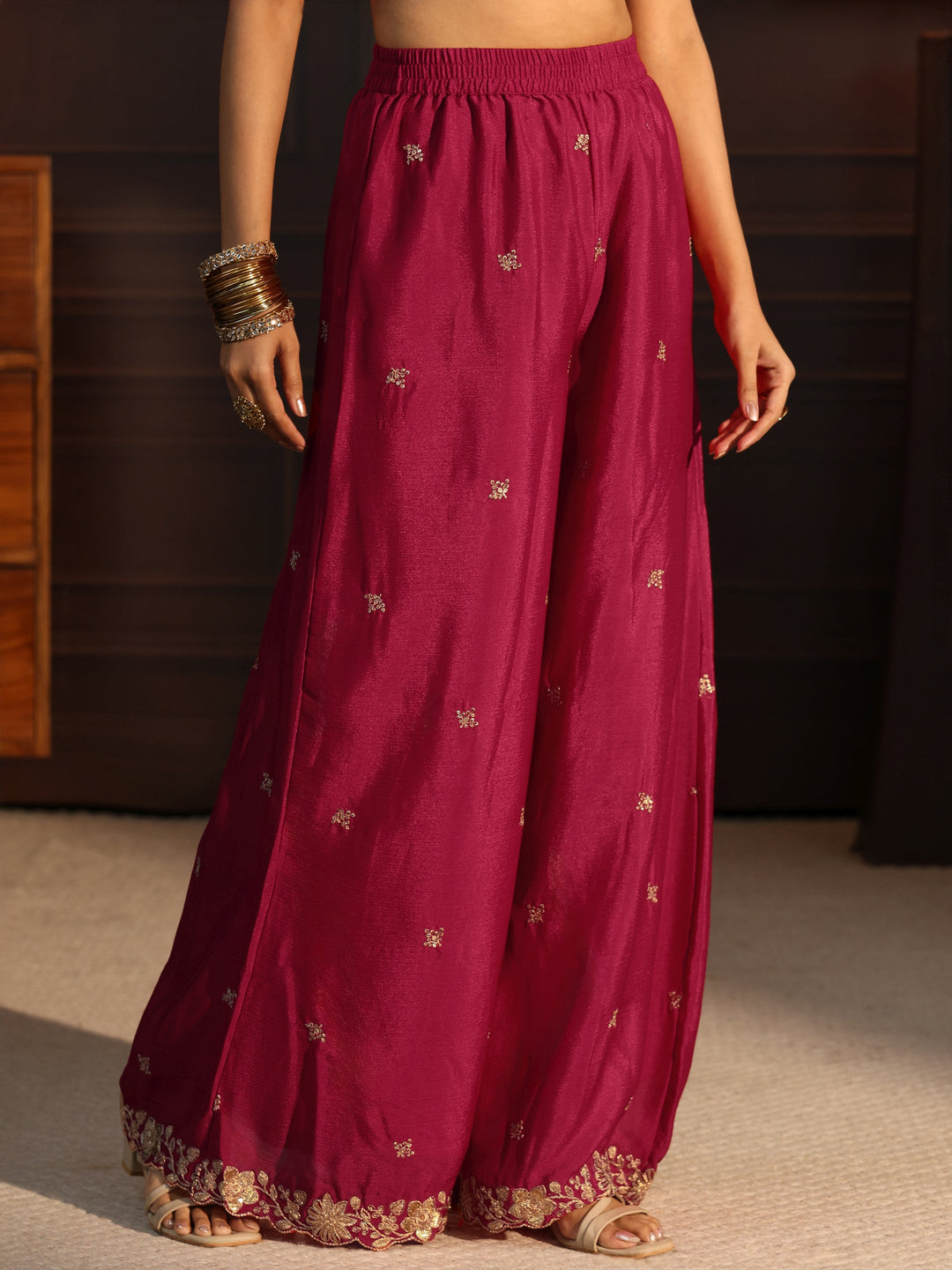  Libas Rani Pink Floral Embroidered Chinon Palazzo Suit Set 