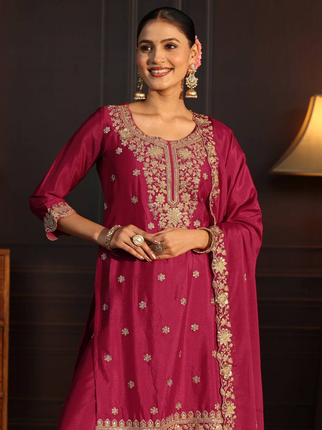  Libas Rani Pink Floral Embroidered Chinon Palazzo Suit Set 