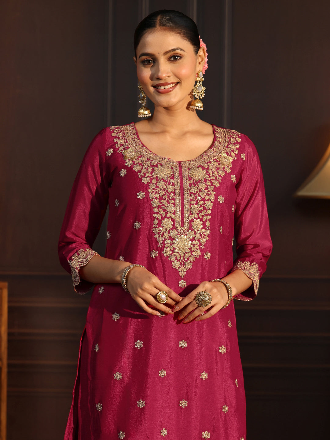  Libas Rani Pink Floral Embroidered Chinon Palazzo Suit Set 