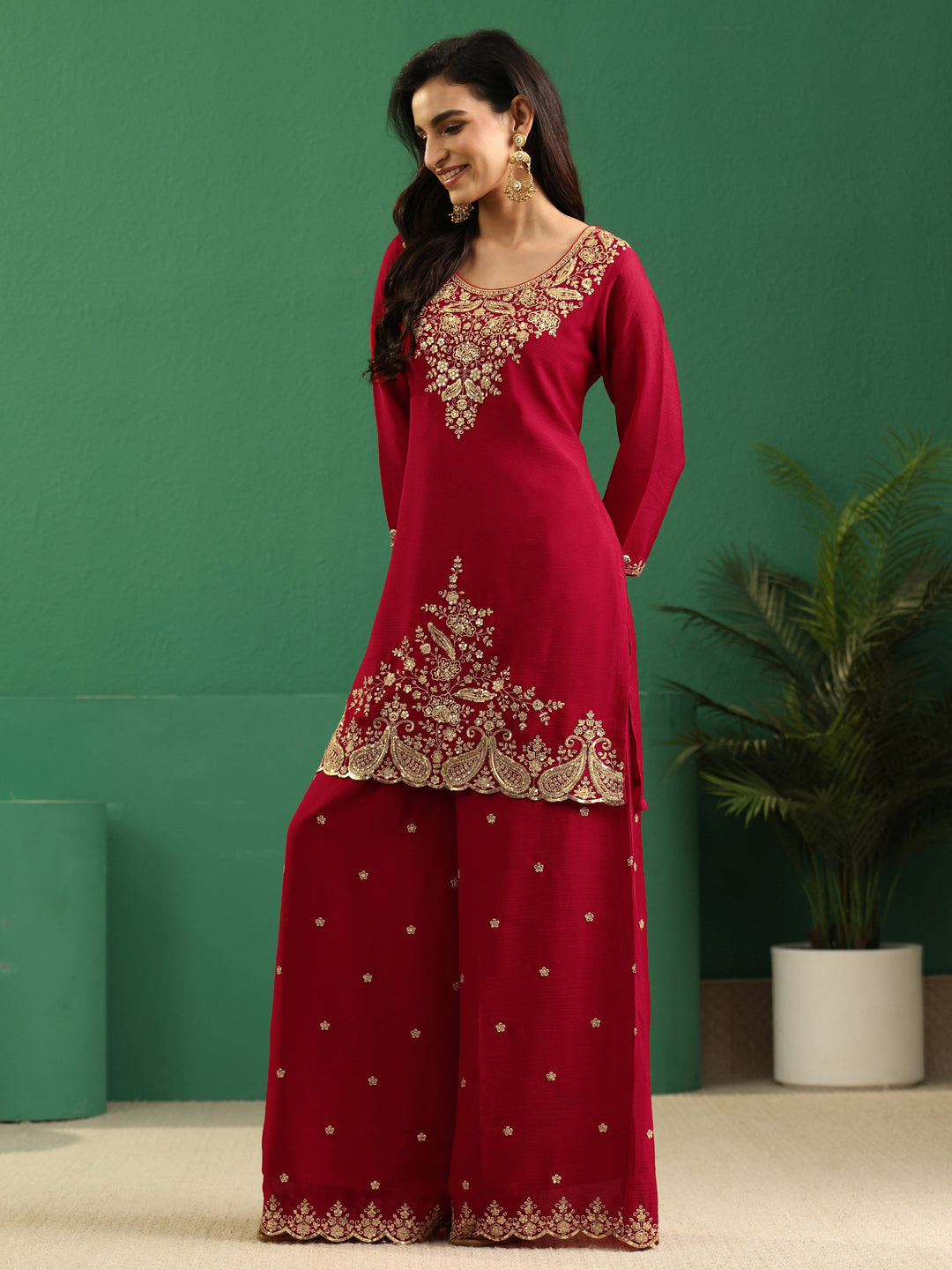  Libas Crimson Red Paisley Embellished Chinon Palazzo Suit Set 