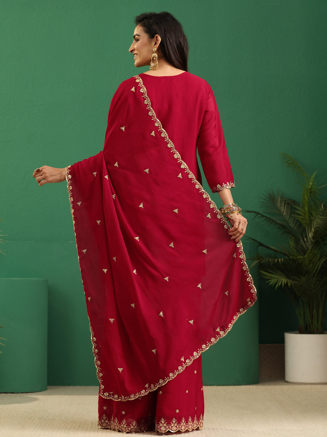 Libas Crimson Red Paisley Embellished Chinon Palazzo Suit Set 