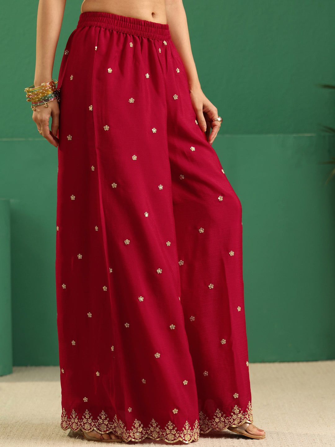  Libas Crimson Red Paisley Embellished Chinon Palazzo Suit Set 