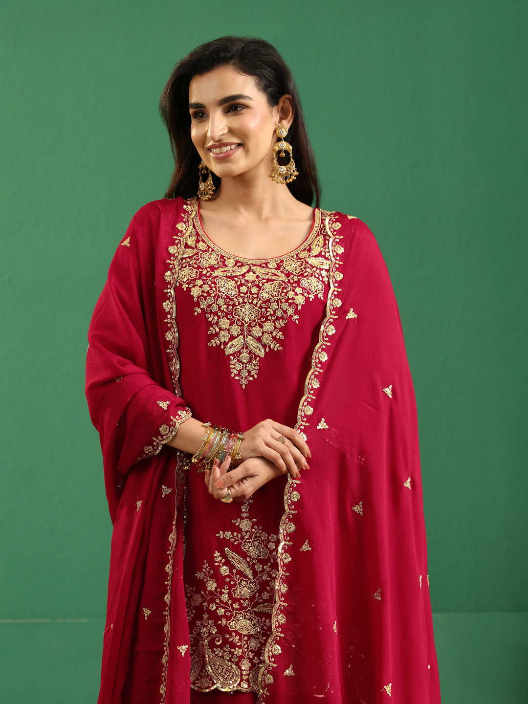  Libas Crimson Red Paisley Embellished Chinon Palazzo Suit Set 