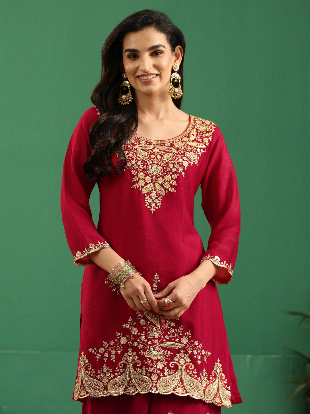  Libas Crimson Red Paisley Embellished Chinon Palazzo Suit Set 