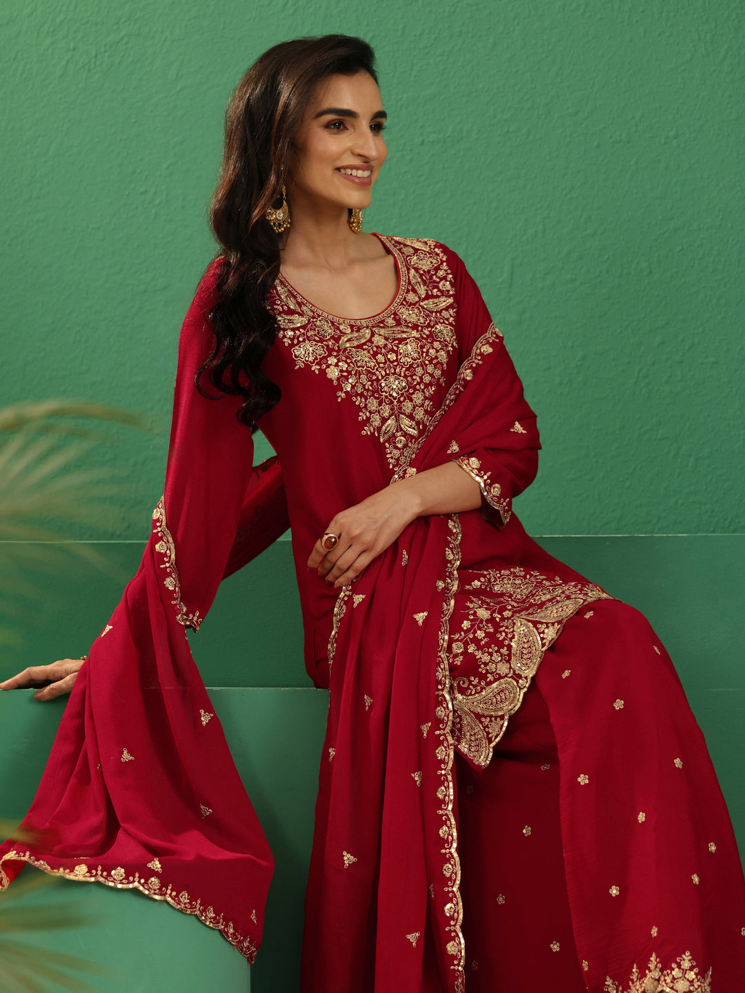  Libas Crimson Red Paisley Embellished Chinon Palazzo Suit Set 