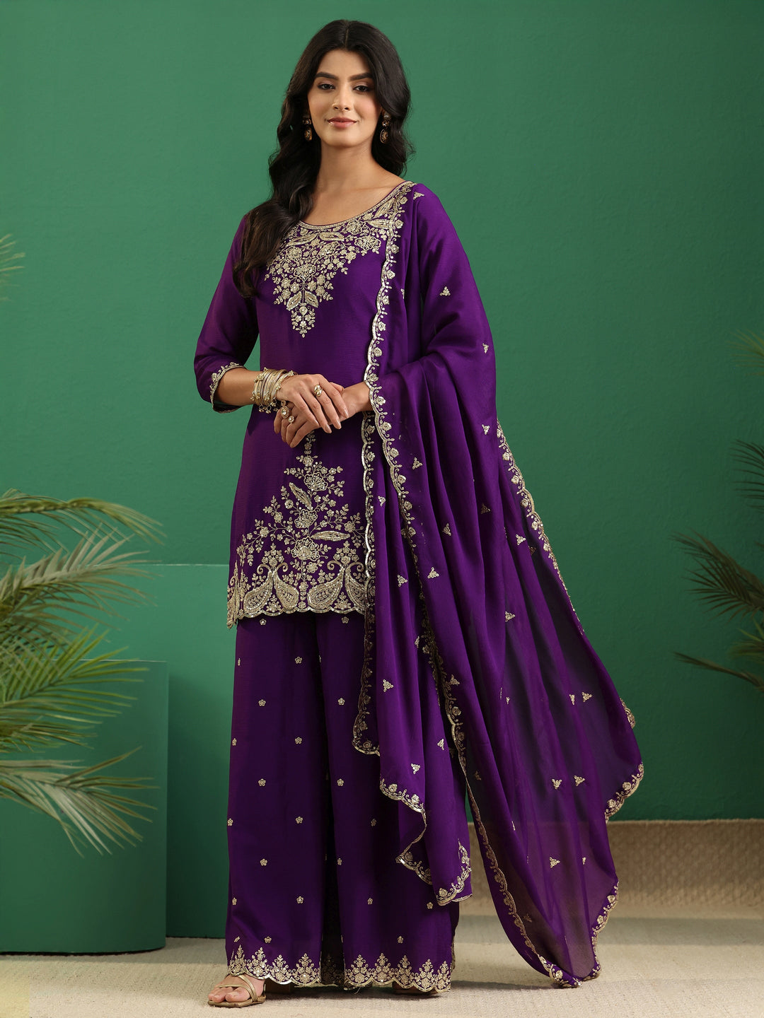  Libas Imperial Purple Paisley Embellished Chinon Palazzo Suit Set 