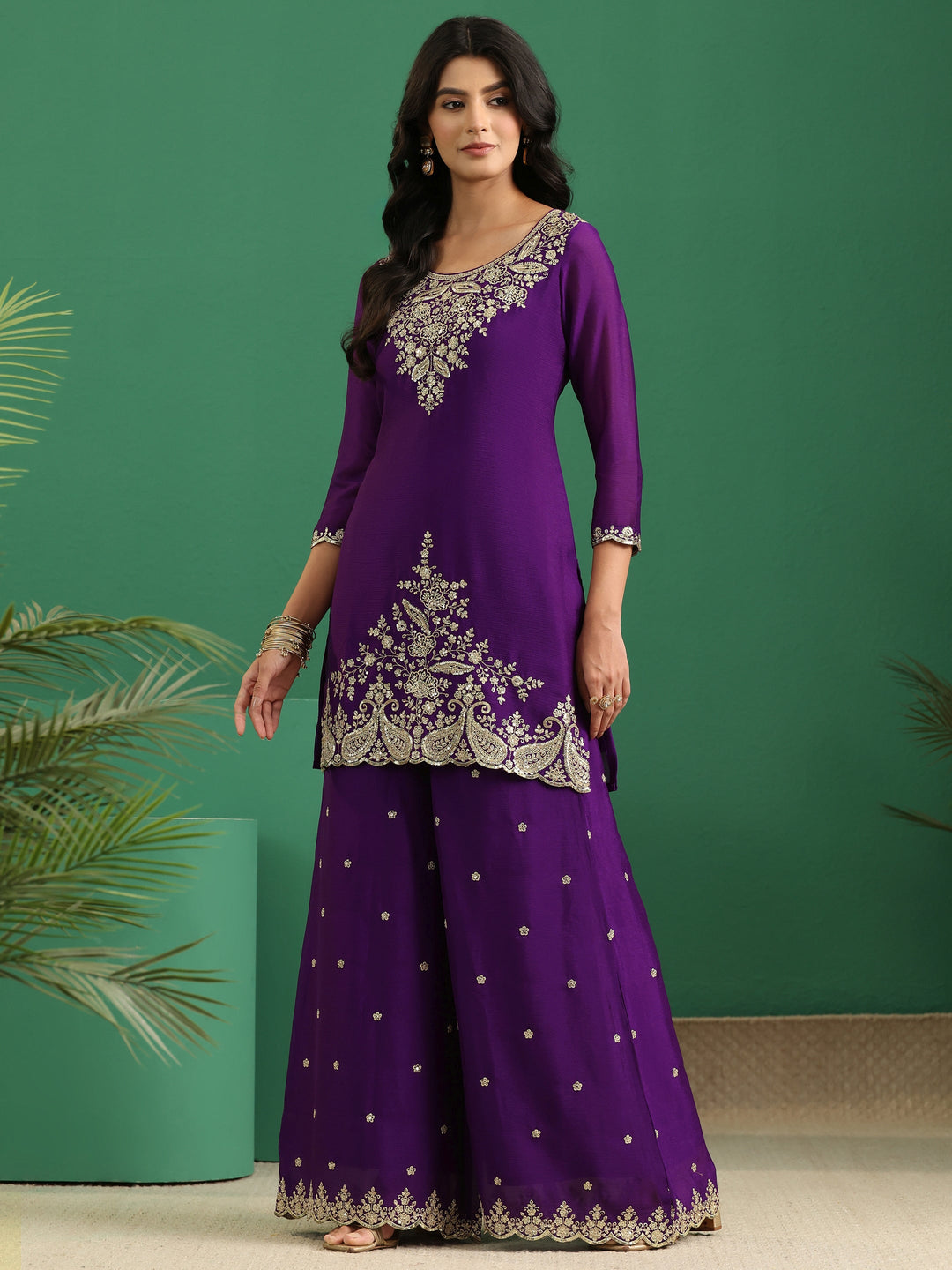  Libas Imperial Purple Paisley Embellished Chinon Palazzo Suit Set 