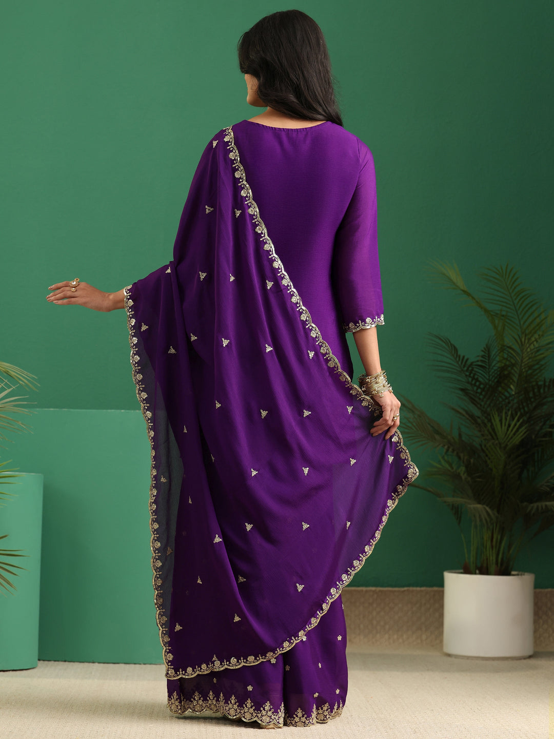  Libas Imperial Purple Paisley Embellished Chinon Palazzo Suit Set 