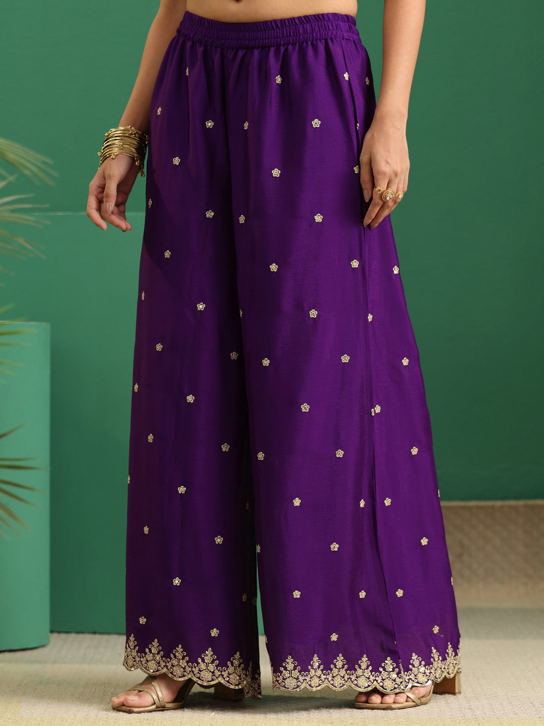  Libas Imperial Purple Paisley Embellished Chinon Palazzo Suit Set 
