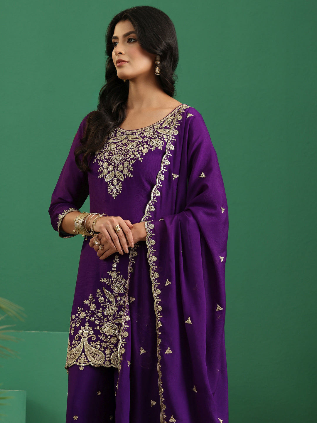  Libas Imperial Purple Paisley Embellished Chinon Palazzo Suit Set 