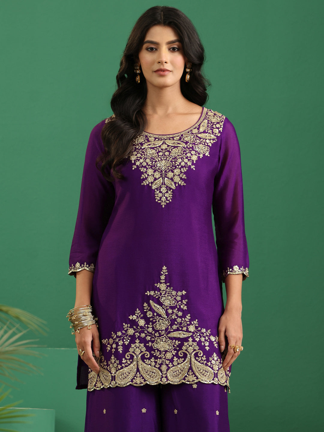  Libas Imperial Purple Paisley Embellished Chinon Palazzo Suit Set 